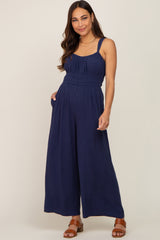 Navy Blue Smocked Square Neck Sleeveless Linen Maternity Jumpsuit