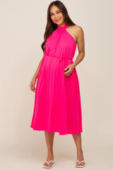 Pink Pleated Halter Maternity Midi Dress