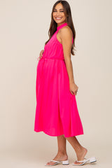 Pink Pleated Halter Maternity Midi Dress