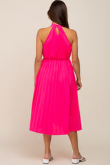 Pink Pleated Halter Maternity Midi Dress