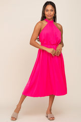 Pink Pleated Halter Midi Dress