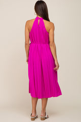 Magenta Pleated Halter Maternity Midi Dress