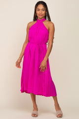 Magenta Pleated Halter Maternity Midi Dress