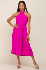 Magenta Pleated Halter Midi Dress