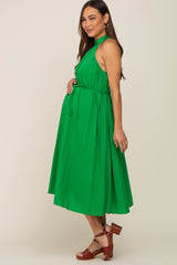 Green Pleated Halter Maternity Midi Dress