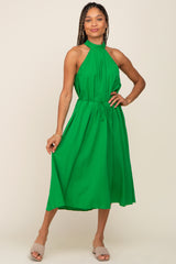 Green Pleated Halter Midi Dress