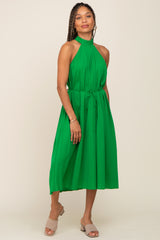 Green Pleated Halter Midi Dress