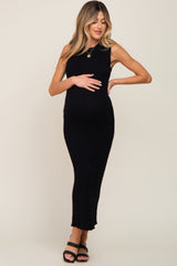 Black Cable Knit Sleeveless Maternity Midi Sweater Dress