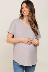 Grey V-Neck Short Sleeve Curved Hem Maternity Top