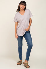 Grey V-Neck Short Sleeve Curved Hem Top