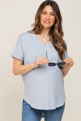 Light Blue V-Neck Short Sleeve Curved Hem Maternity Top