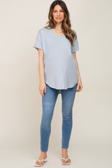 Light Blue V-Neck Short Sleeve Curved Hem Maternity Top