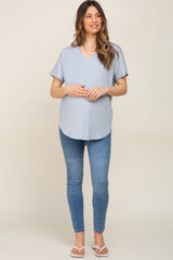 Light Blue V-Neck Short Sleeve Curved Hem Maternity Top