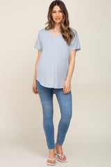 Light Blue V-Neck Short Sleeve Curved Hem Maternity Top