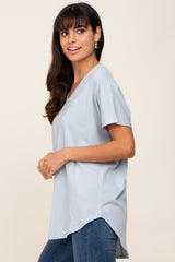 Light Blue V-Neck Short Sleeve Curved Hem Top