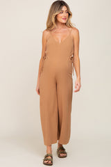 Camel Linen Criss Cross Back Side Tie Wide Leg Maternity Jumpsuit