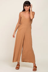 Camel Linen Criss Cross Back Side Tie Wide Leg Maternity Jumpsuit