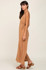 Camel Linen Criss Cross Back Side Tie Wide Leg Jumpsuit