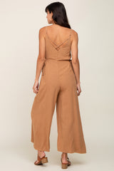 Camel Linen Criss Cross Back Side Tie Wide Leg Jumpsuit