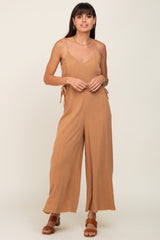 Camel Linen Criss Cross Back Side Tie Wide Leg Jumpsuit