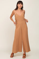 Camel Linen Criss Cross Back Side Tie Wide Leg Jumpsuit