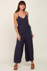 Navy Blue Linen Criss Cross Back Side Tie Wide Leg Jumpsuit