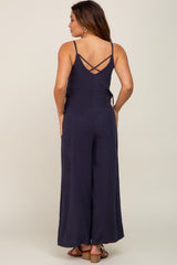 Navy Blue Linen Criss Cross Back Side Tie Wide Leg Maternity Jumpsuit