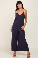 Navy Blue Linen Criss Cross Back Side Tie Wide Leg Jumpsuit