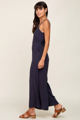 Navy Blue Linen Criss Cross Back Side Tie Wide Leg Jumpsuit