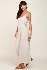 Beige Linen Criss Cross Back Side Tie Wide Leg Maternity Jumpsuit