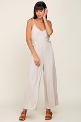 Beige Linen Criss Cross Back Side Tie Wide Leg Jumpsuit