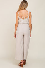 Beige Linen Criss Cross Back Side Tie Wide Leg Maternity Jumpsuit