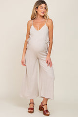 Beige Linen Criss Cross Back Side Tie Wide Leg Maternity Jumpsuit