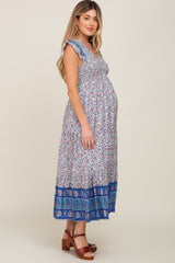 Blue Printed Colorblock Maternity Midi Dress