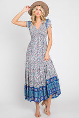 Blue Printed Colorblock Maternity Midi Dress