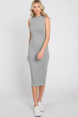 Heather Grey Ribbed Mock Neck Maternity Midi Dress