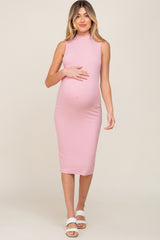 Pink Ribbed Mock Neck Maternity Midi Dress