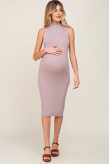 Mocha Ribbed Mock Neck Maternity Midi Dress