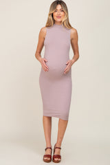 Mocha Ribbed Mock Neck Maternity Midi Dress