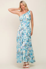 Blue Floral Chiffon One Shoulder Maxi Dress