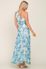 Blue Floral Chiffon One Shoulder Maxi Dress