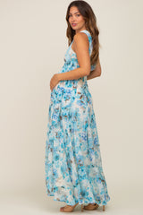 Blue Floral Chiffon One Shoulder Maternity Maxi Dress