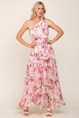 Fuchsia Floral Chiffon One Shoulder Maxi Dress