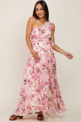 Fuchsia Floral Chiffon One Shoulder Maternity Maxi Dress