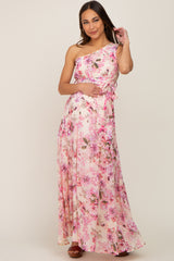 Fuchsia Floral Chiffon One Shoulder Maternity Maxi Dress