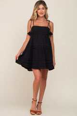 Black Square Neck Shoulder Tie Pleated Detail Maternity Dress