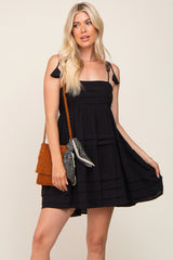 Black Square Neck Shoulder Tie Pleated Detail Dress