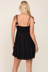 Black Square Neck Shoulder Tie Pleated Detail Dress