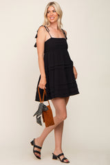 Black Square Neck Shoulder Tie Pleated Detail Dress