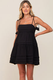 Black Square Neck Shoulder Tie Pleated Detail Maternity Dress